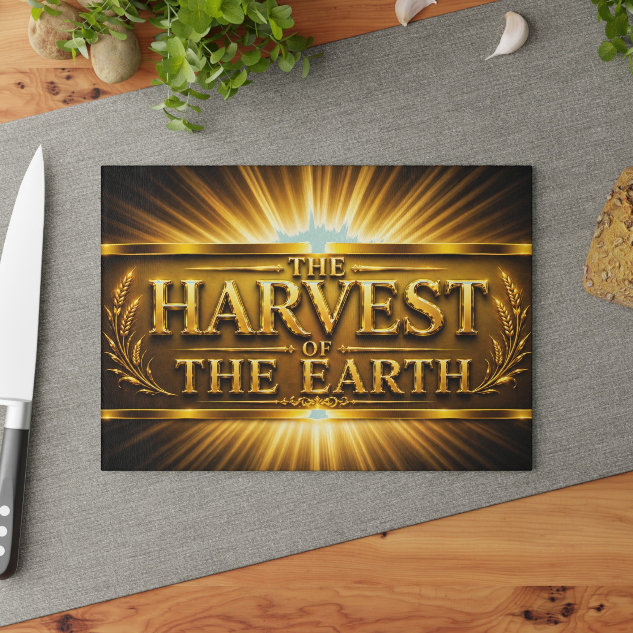 Glass Cutting Board – "The Harvest of the Earth" Golden Sunburst Decorative Chopping Board