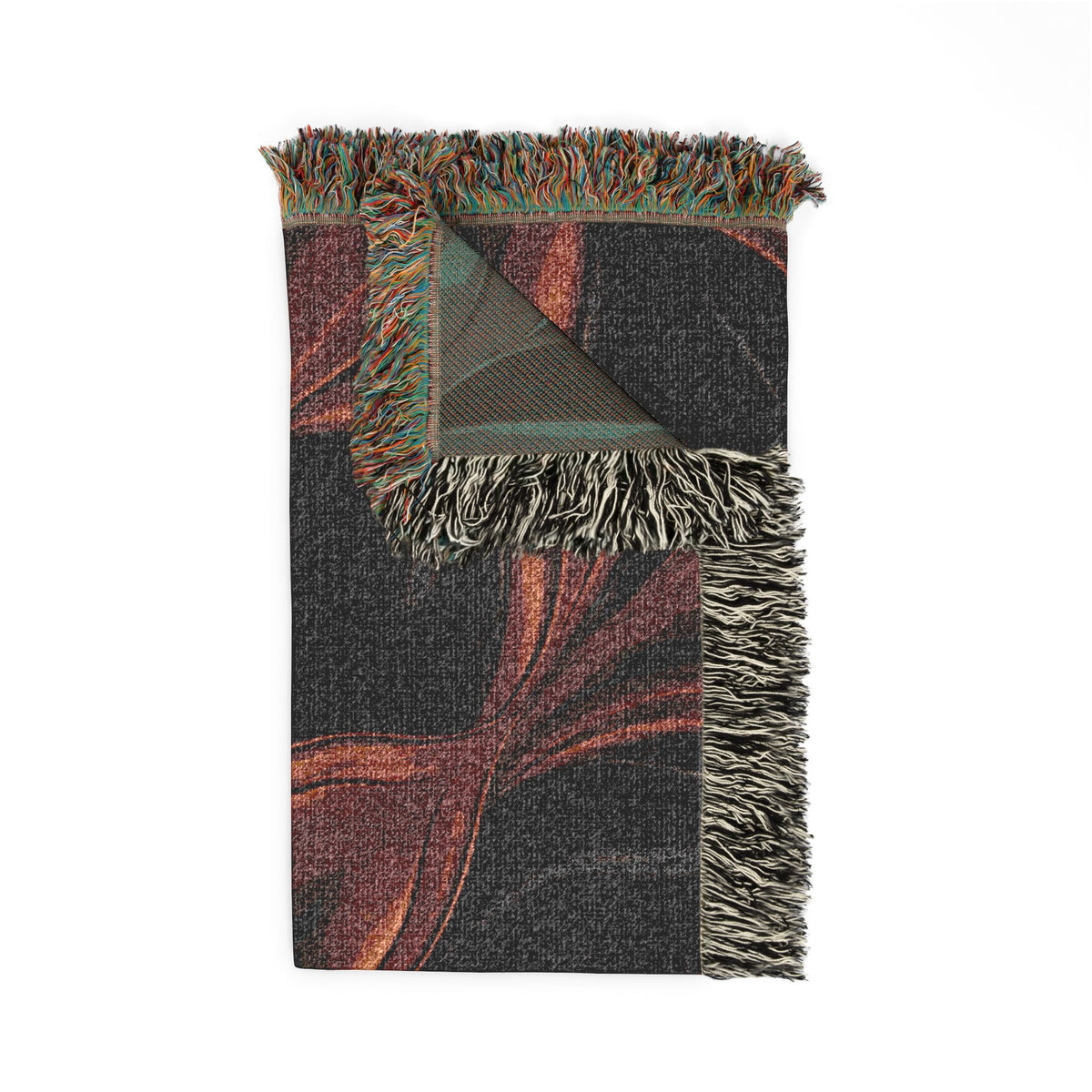 Woven Blanket — Abstract Floral Swirl Throw in Warm Rust & Teal