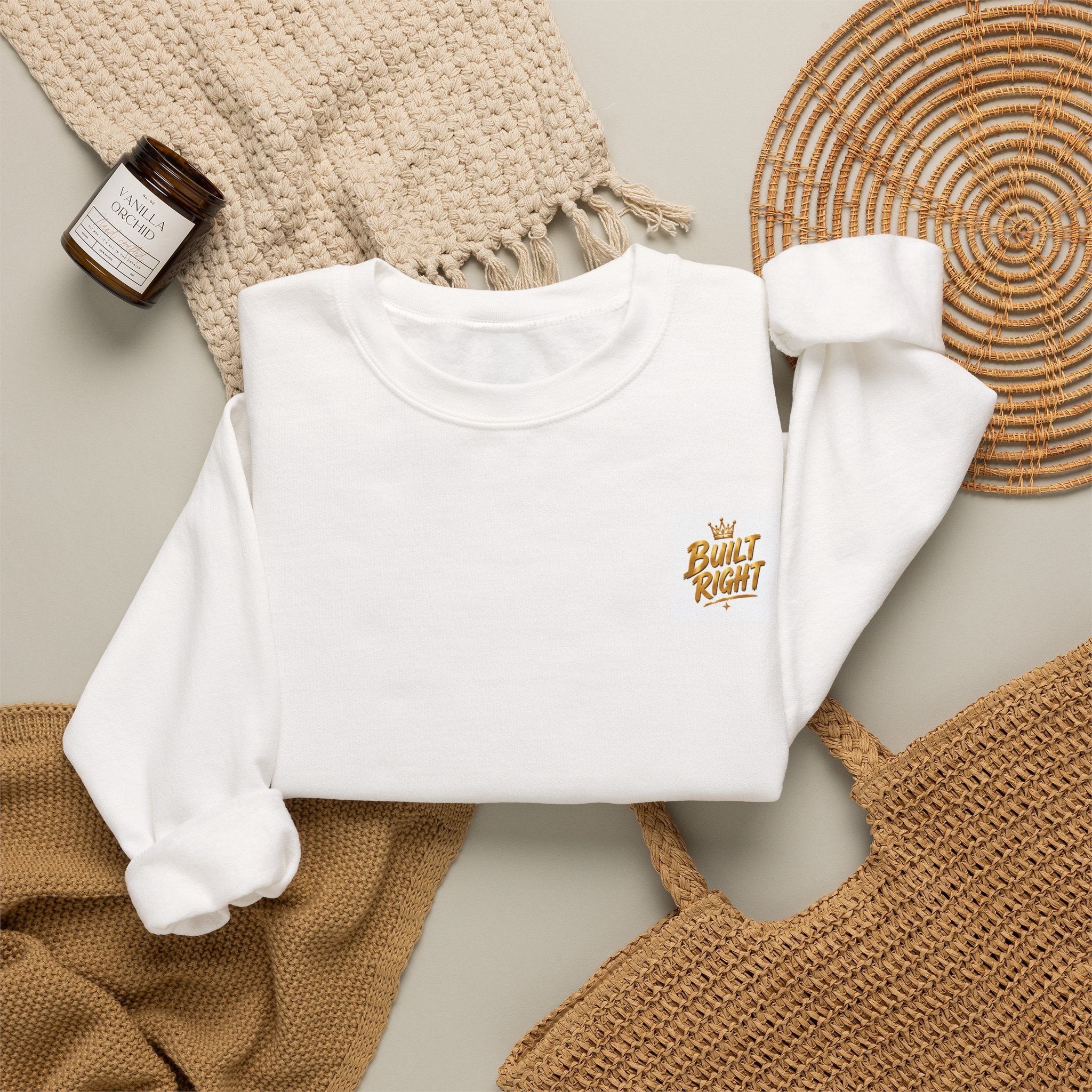 Crewneck Sweatshirt — "Built Right" Gold Inspirational Graphic