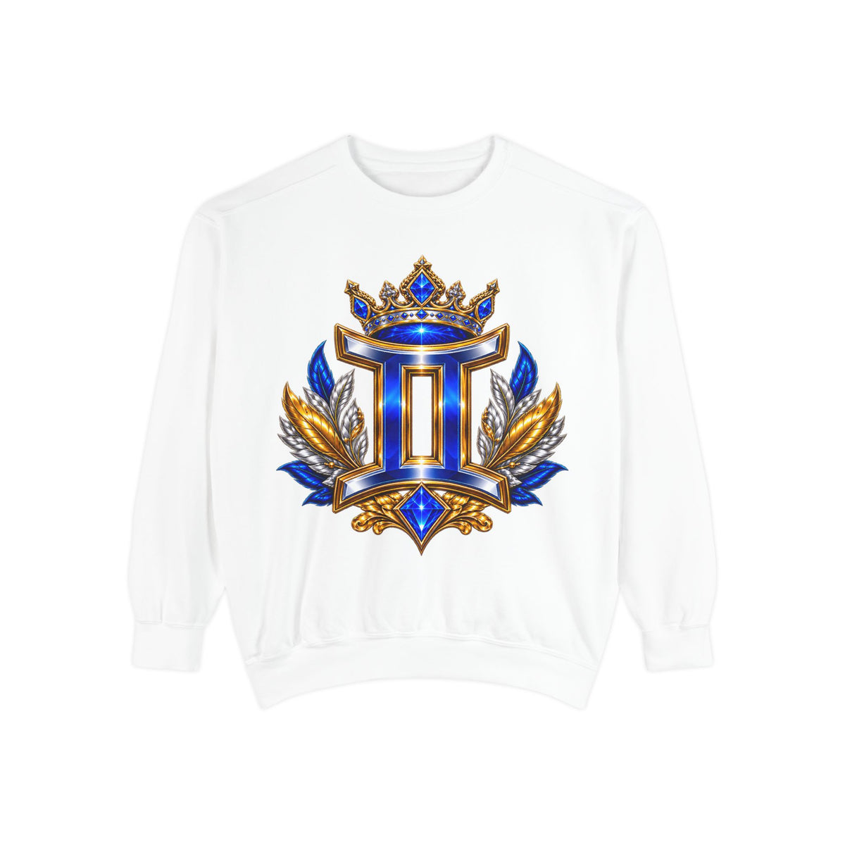 Gemini Zodiac Sweatshirt — Royal Blue & Gold Twin Symbol Crewneck