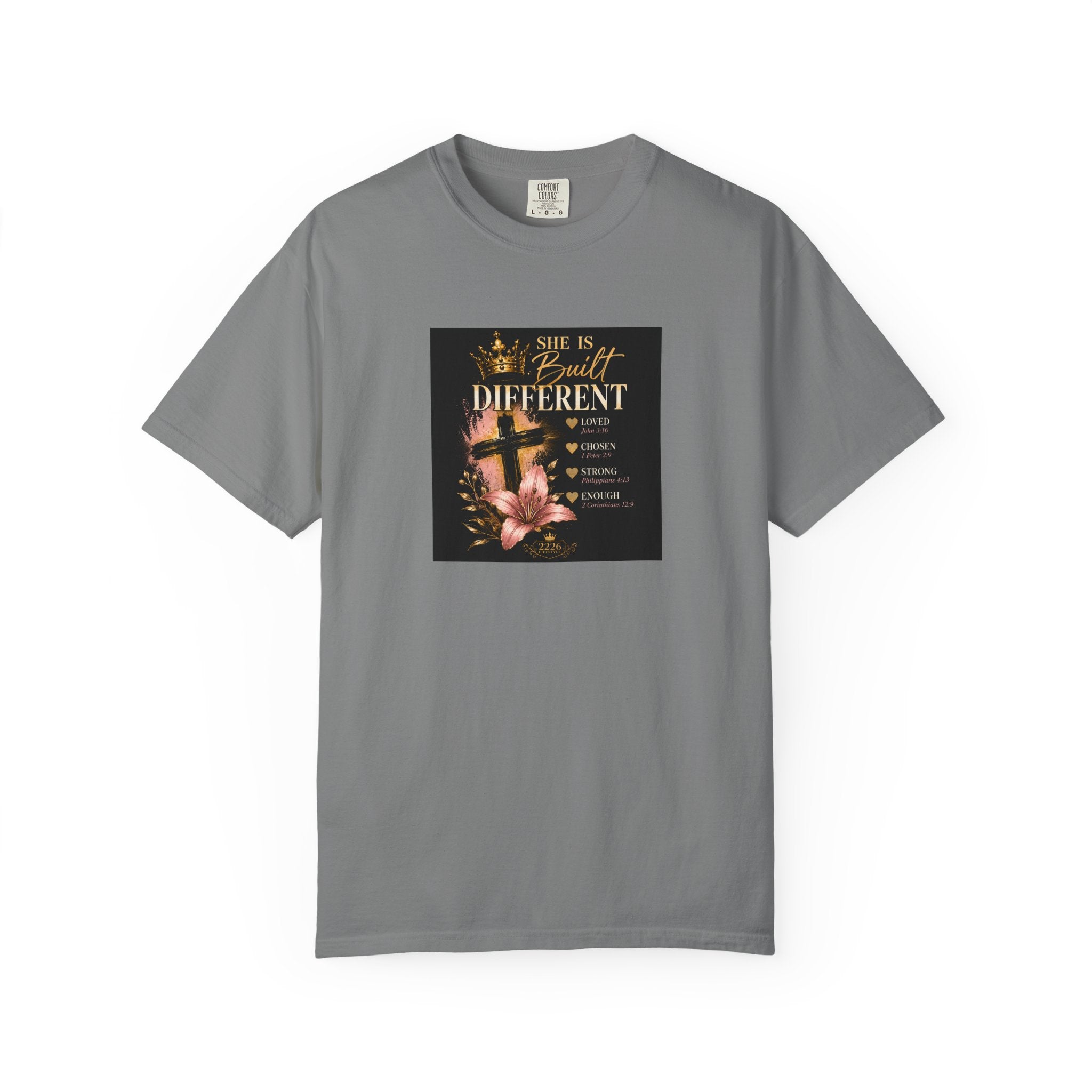 2226 Lifestyle T-Shirt — "She Is Built Different" Cross Floral Christian Tee