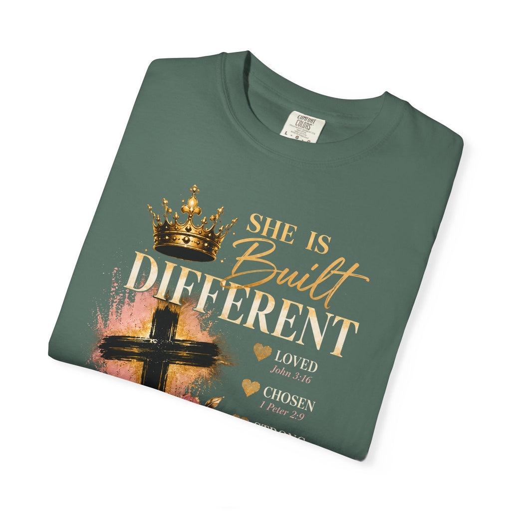 She Is Built Different Christian T-Shirt — Cross, Crown & Lily Faith Tee