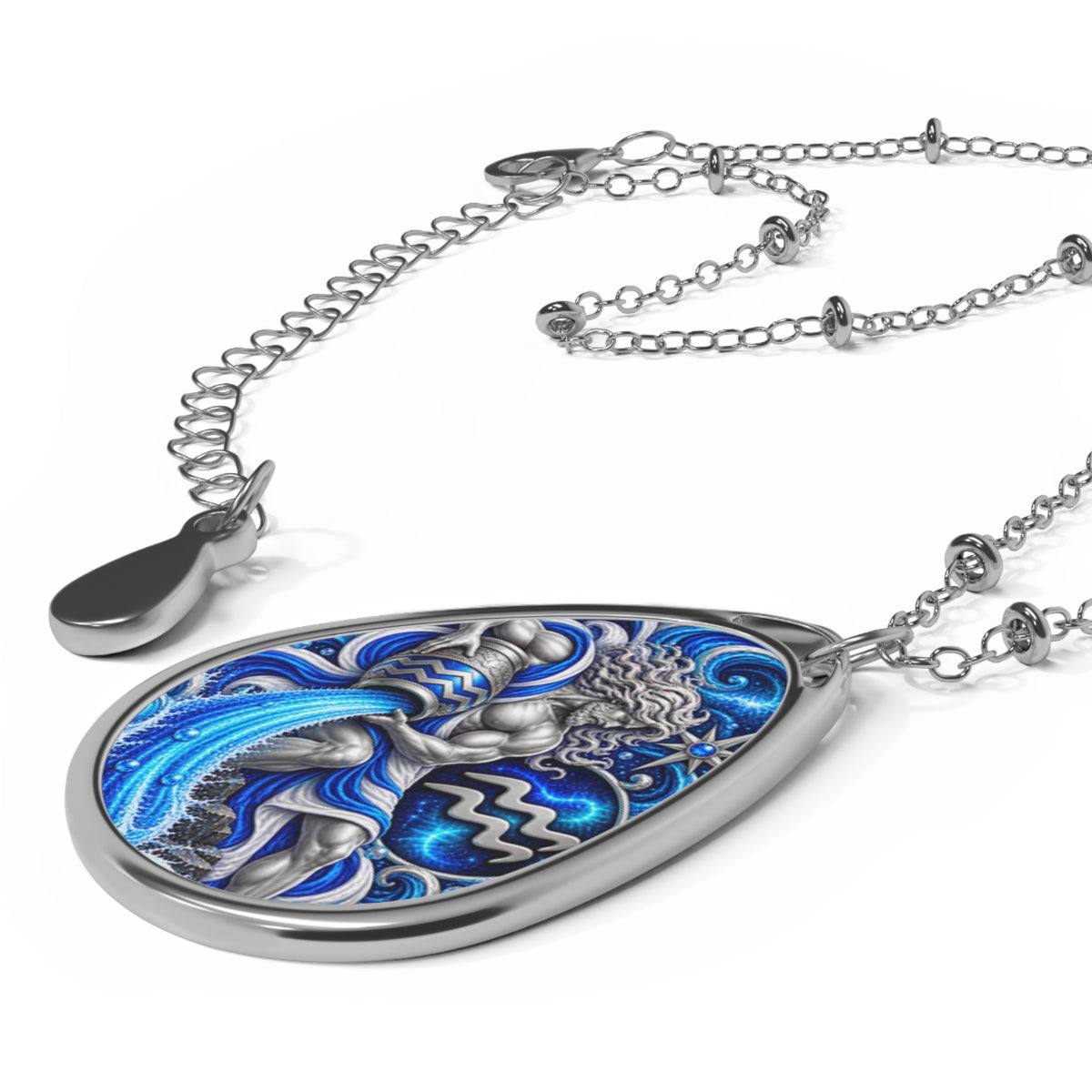 Aquarius Zodiac Oval Necklace — Silver Teardrop Pendant with Water-Bearer Design