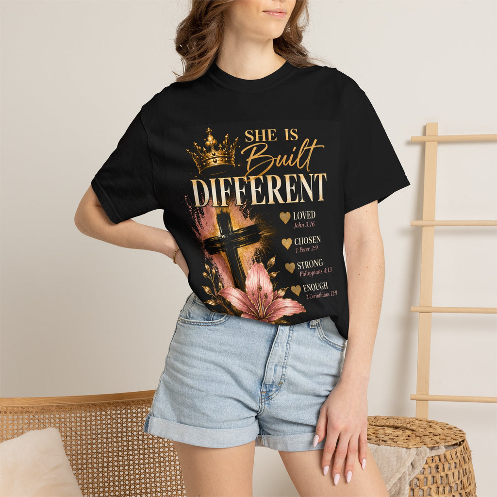 Christian Inspirational T-Shirt — "She Is Built Different / Built Right"