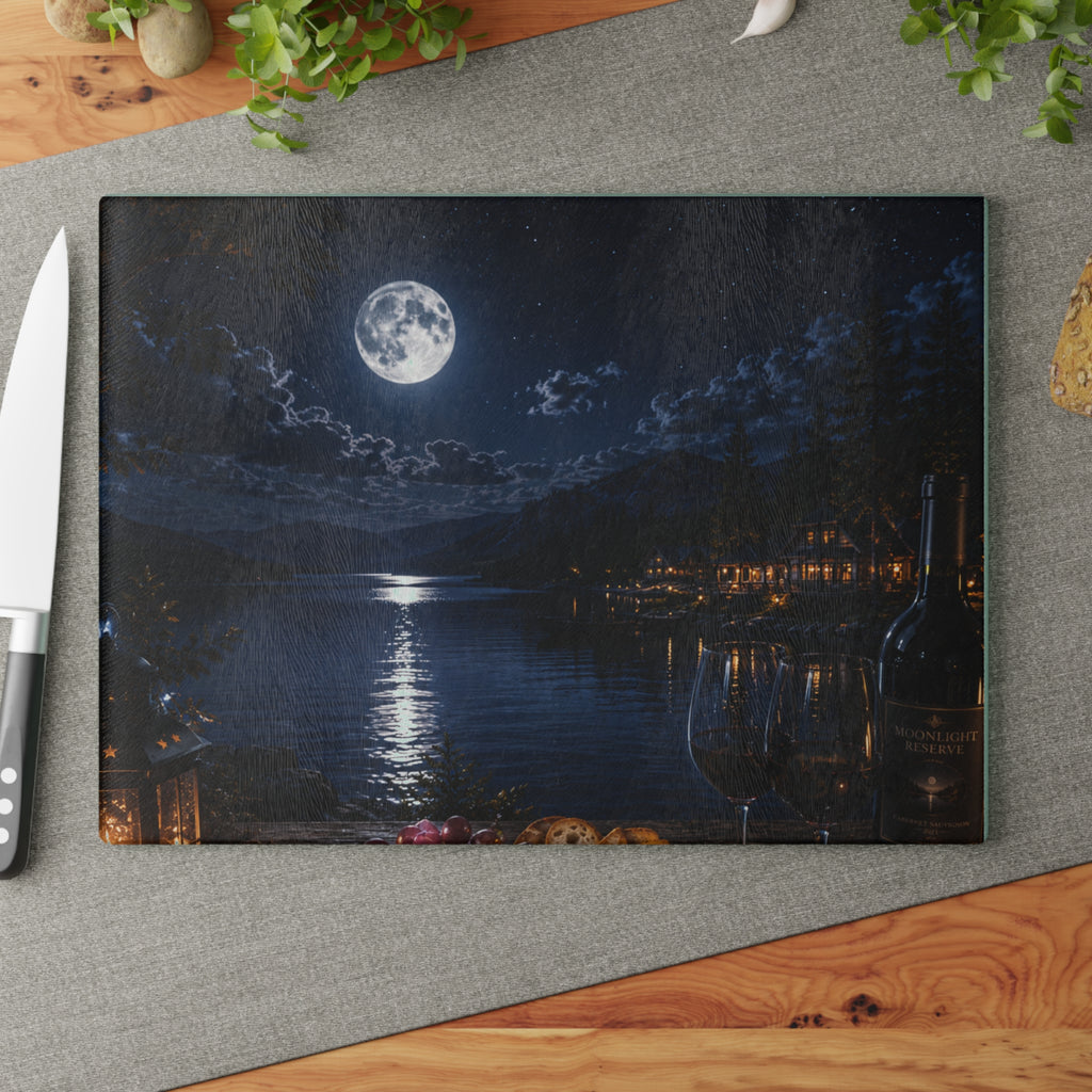 Moonlit Lakeside Glass Cutting Board — Scenic Nighttime Kitchen Board