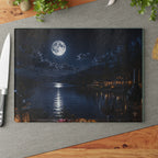 Moonlit Lakeside Glass Cutting Board — Scenic Nighttime Kitchen Board