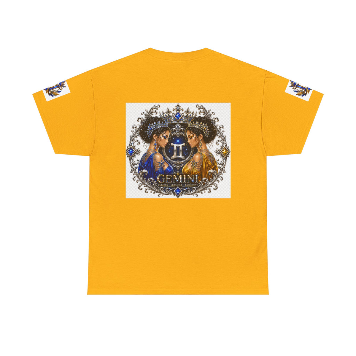 Gemini Zodiac Tee — Twin Sisters Astrology T‑Shirt (Blue & Gold)