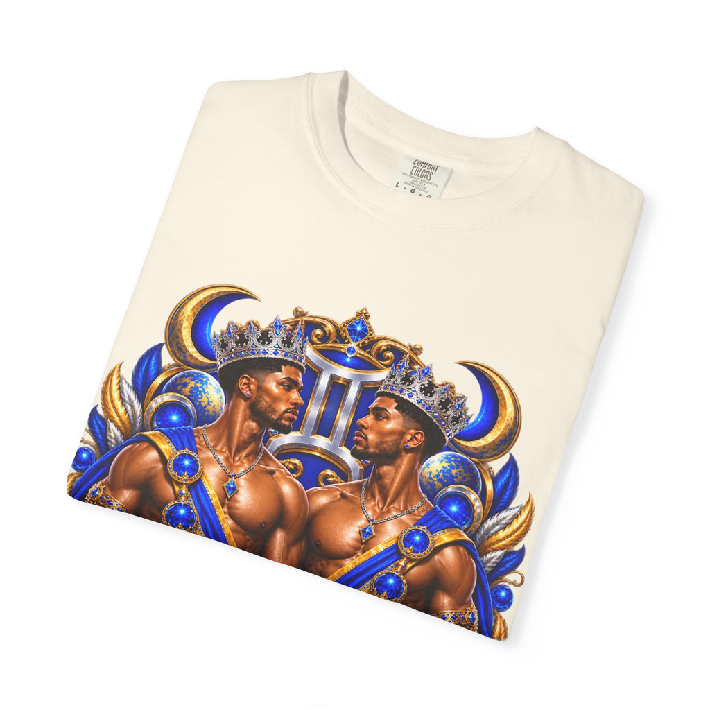 Gemini Zodiac T-Shirt — Bold Blue & Gold Twin Portrait Tee