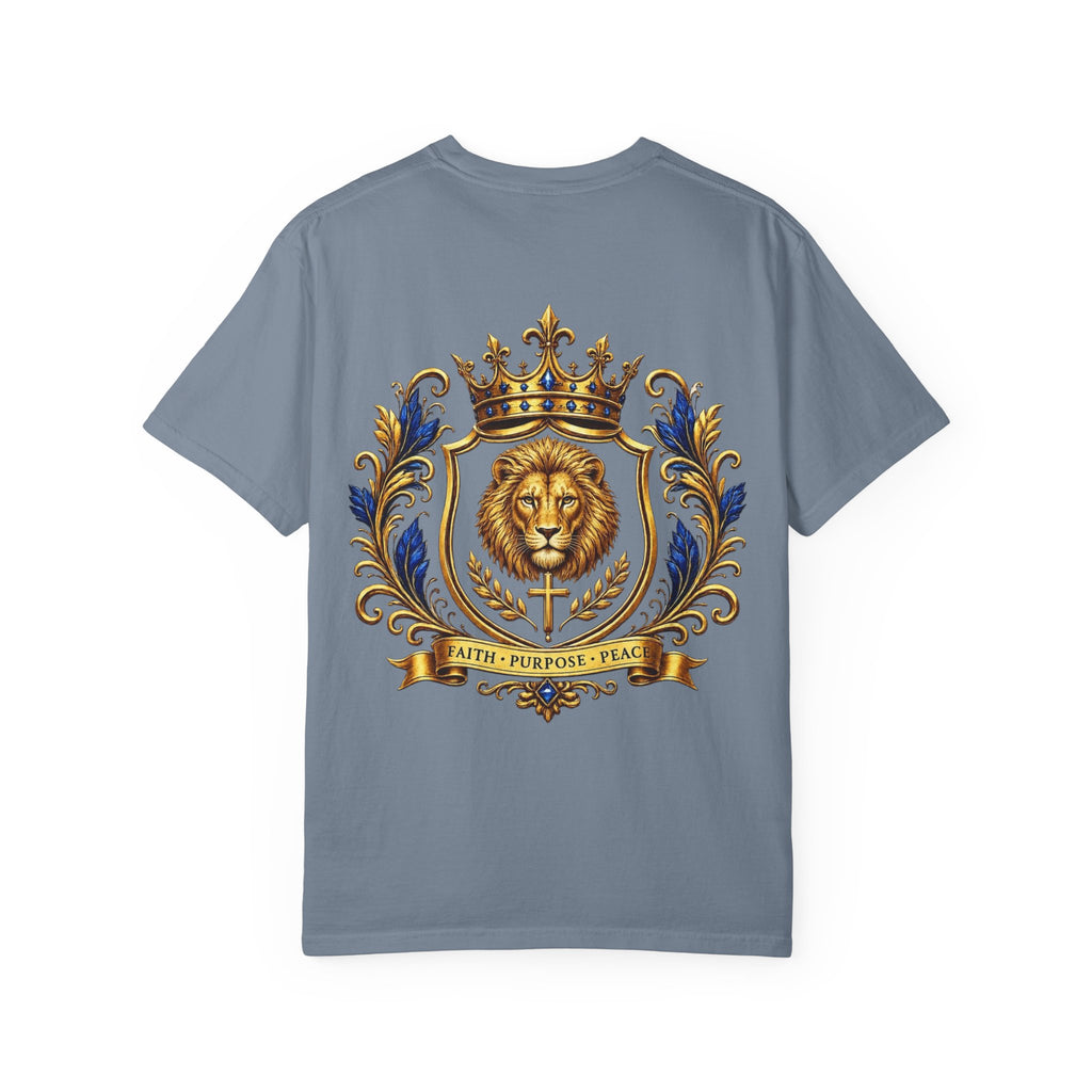 Lion Crest T-Shirt — Regal Crowned Lion with "Faith • Purpose • Peace" Back Graphic