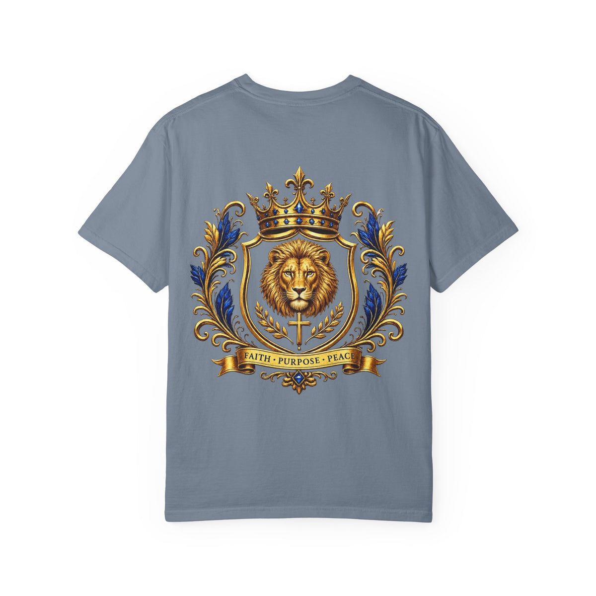 Lion Crest T-Shirt — Regal Crowned Lion with "Faith • Purpose • Peace" Back Graphic