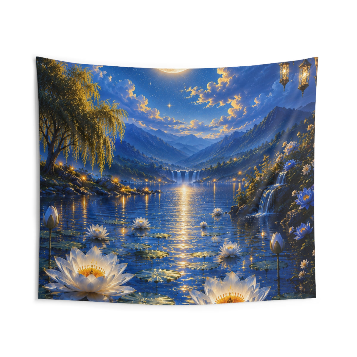 Moonlit Lotus Lake Tapestry - Serene Nighttime Wall Hanging