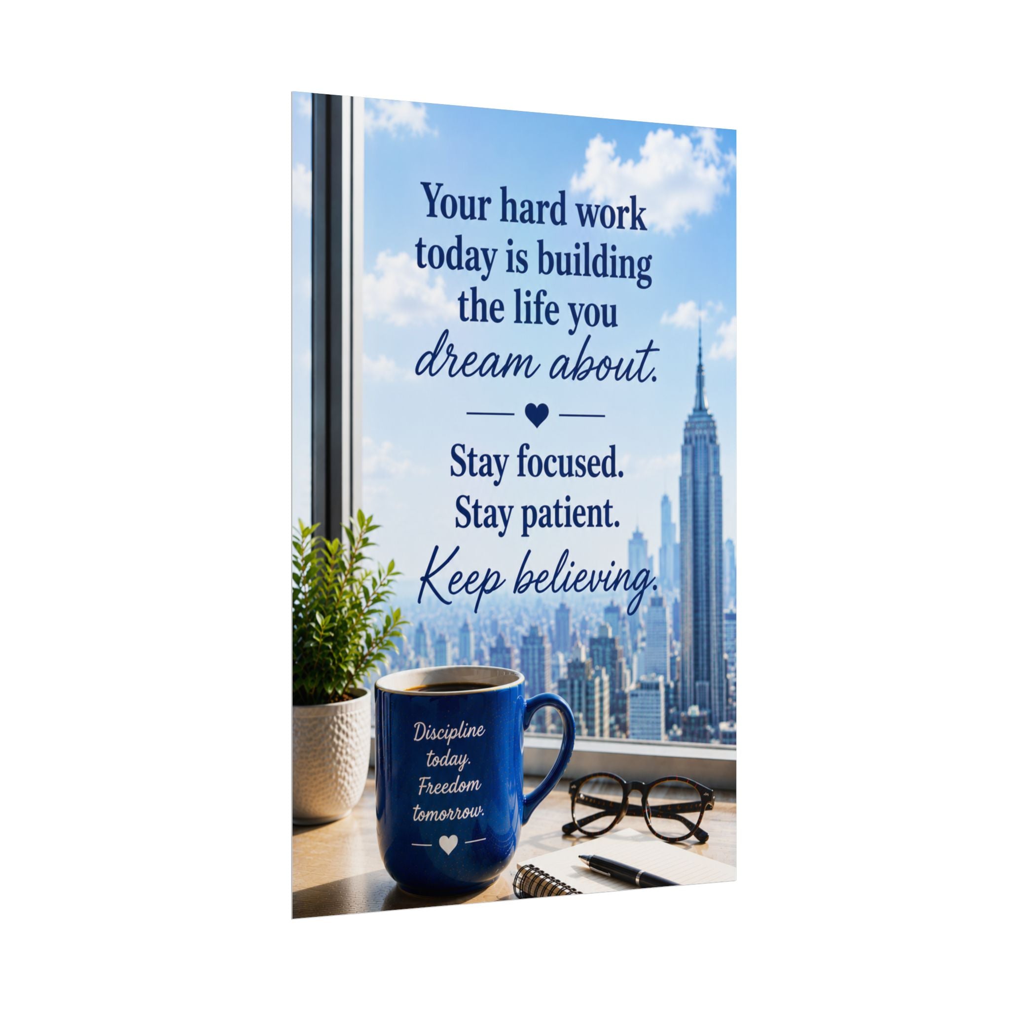 Motivational City View Poster – "Your hard work today is building the life you dream about"