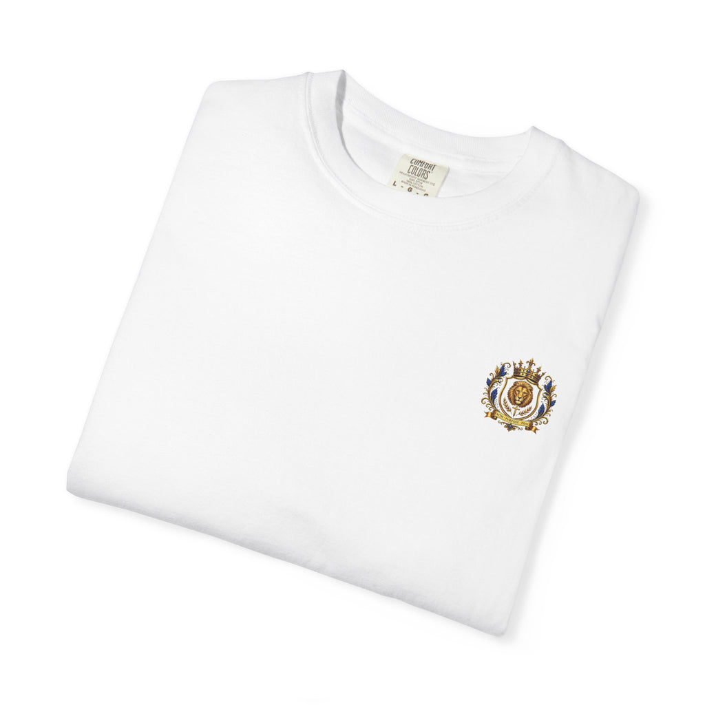 Lion Crest T-Shirt — Regal Crowned Lion with "Faith • Purpose • Peace" Back Graphic