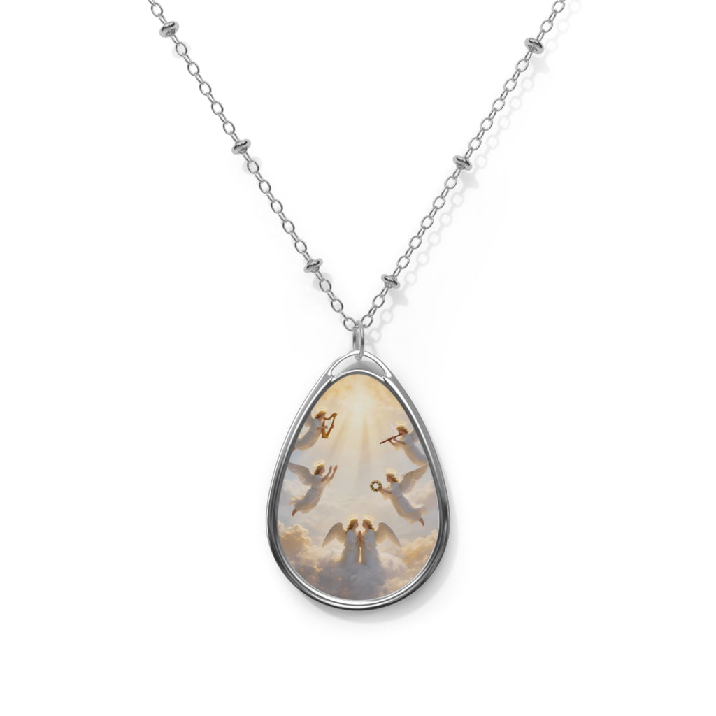 Angel Wings Oval Pendant Necklace — Teardrop Religious Memorial Jewelry