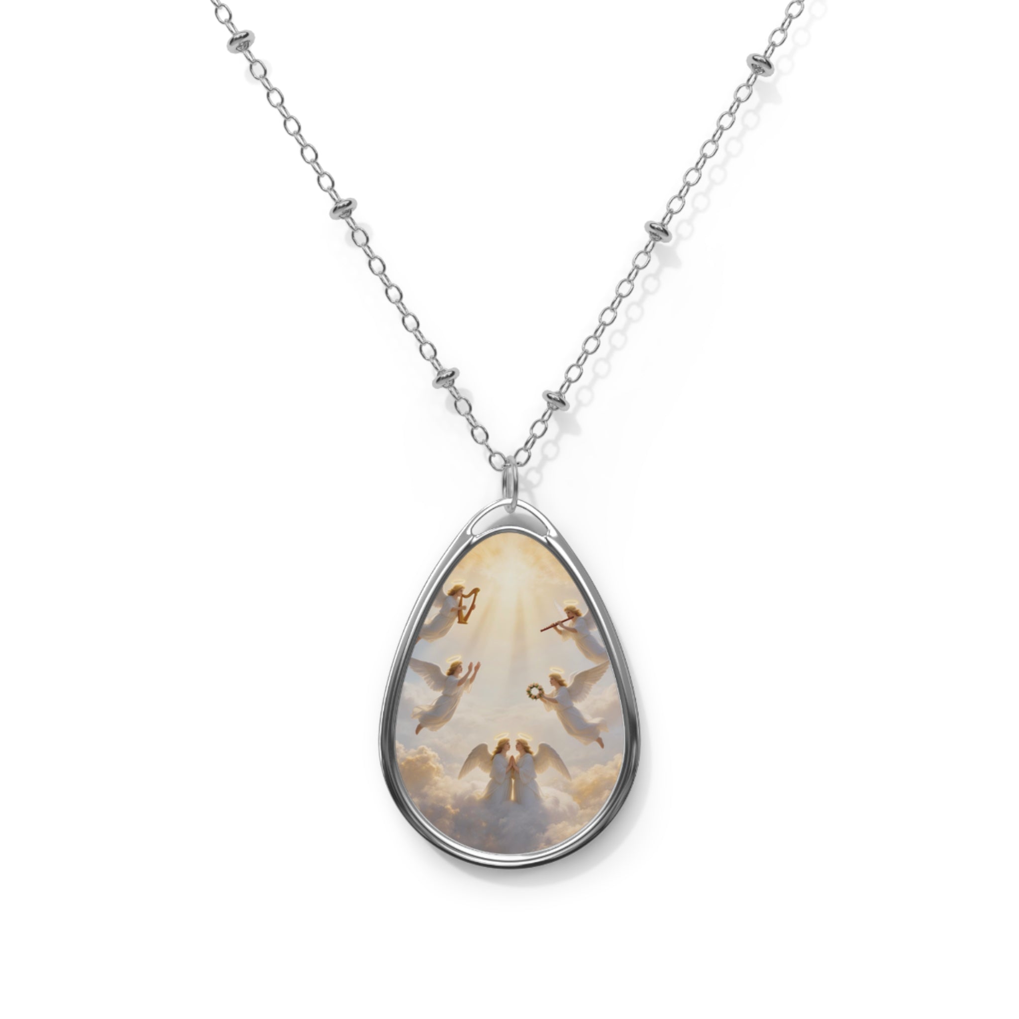 Angel Wings Oval Pendant Necklace — Teardrop Religious Memorial Jewelry