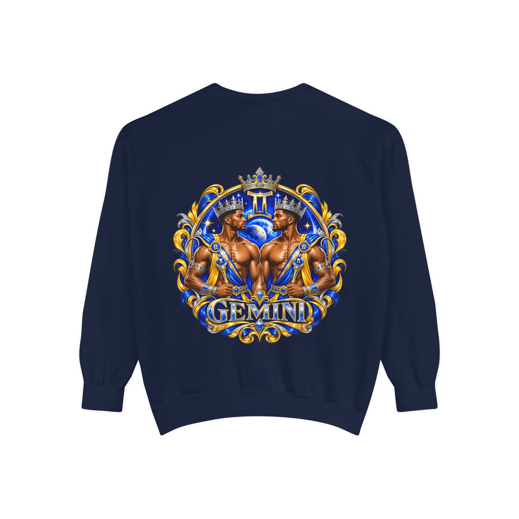 Gemini Zodiac Sweatshirt — Royal Blue & Gold Twin Symbol Crewneck