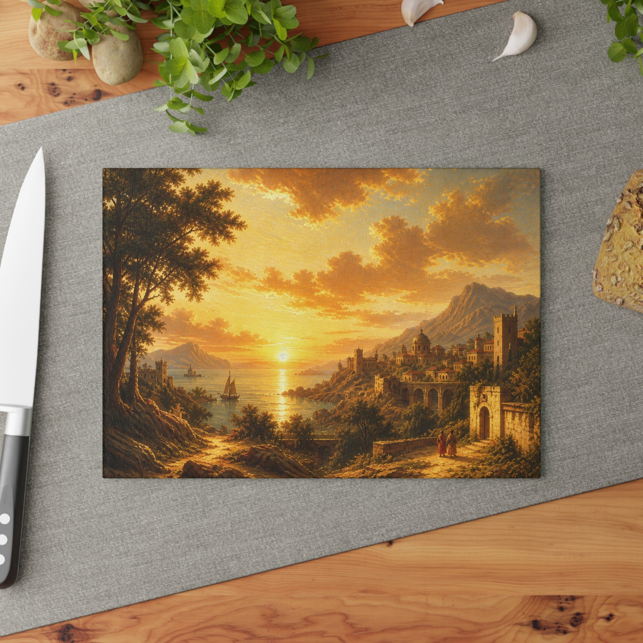 Glass Cutting Board - Golden Sunset Coastal Landscape Print, Tempered Glass Kitchen Board