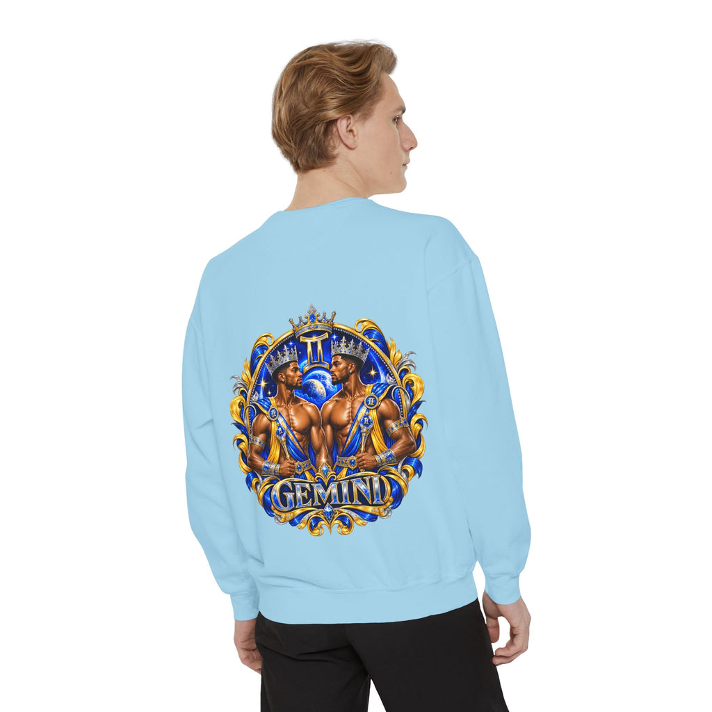Gemini Zodiac Sweatshirt — Royal Blue & Gold Twin Symbol Crewneck