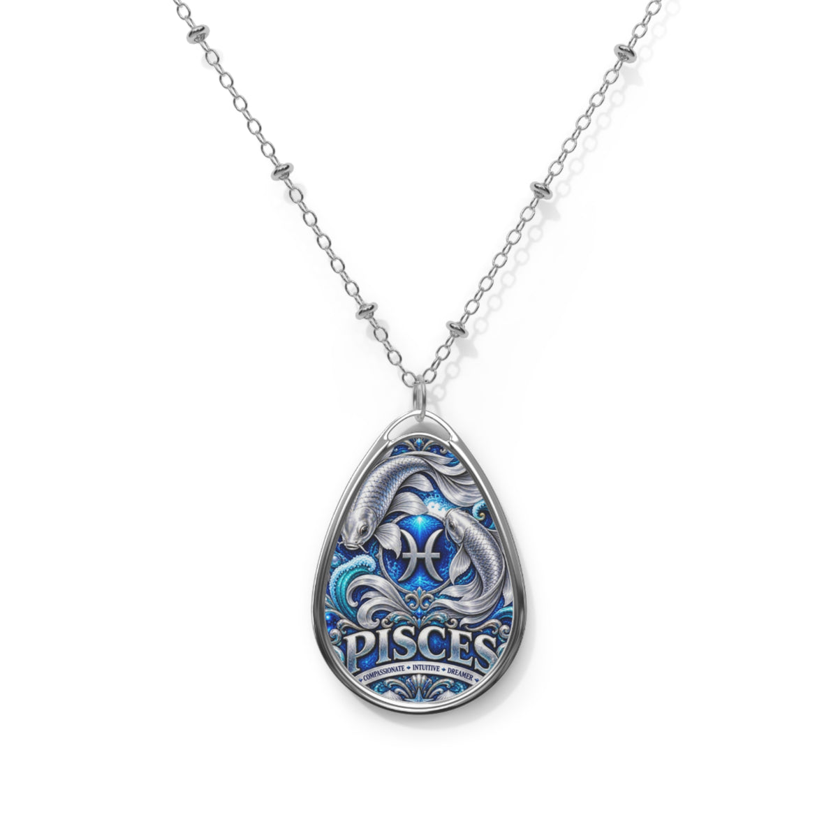 Pisces Oval Zodiac Necklace — Silver Teardrop Pendant with Pisces Artwork