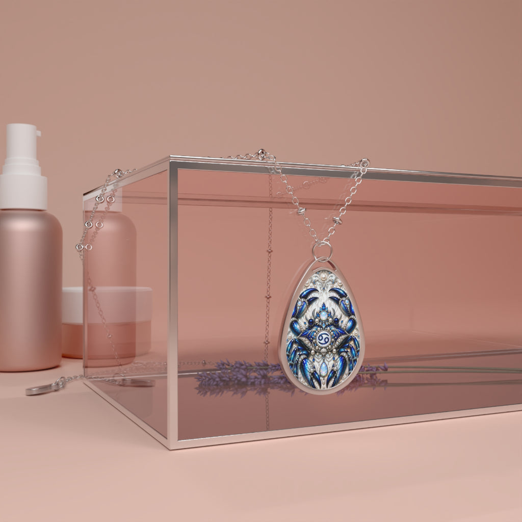Cancer Zodiac Oval Necklace — Blue Crab Constellation Pendant