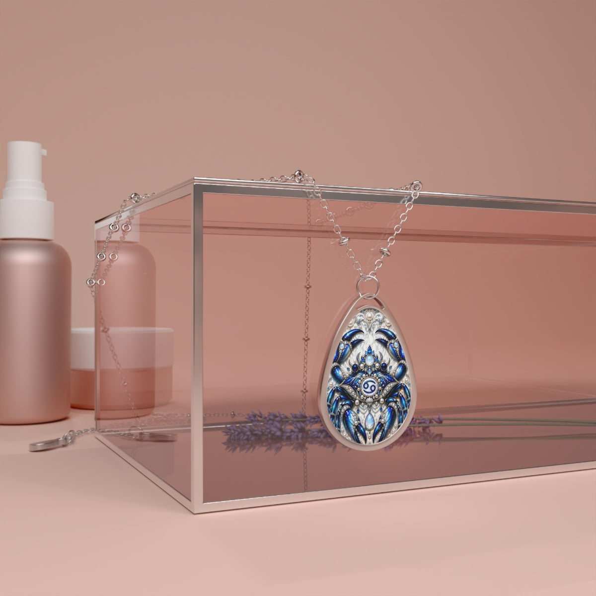 Cancer Zodiac Oval Necklace — Blue Crab Constellation Pendant