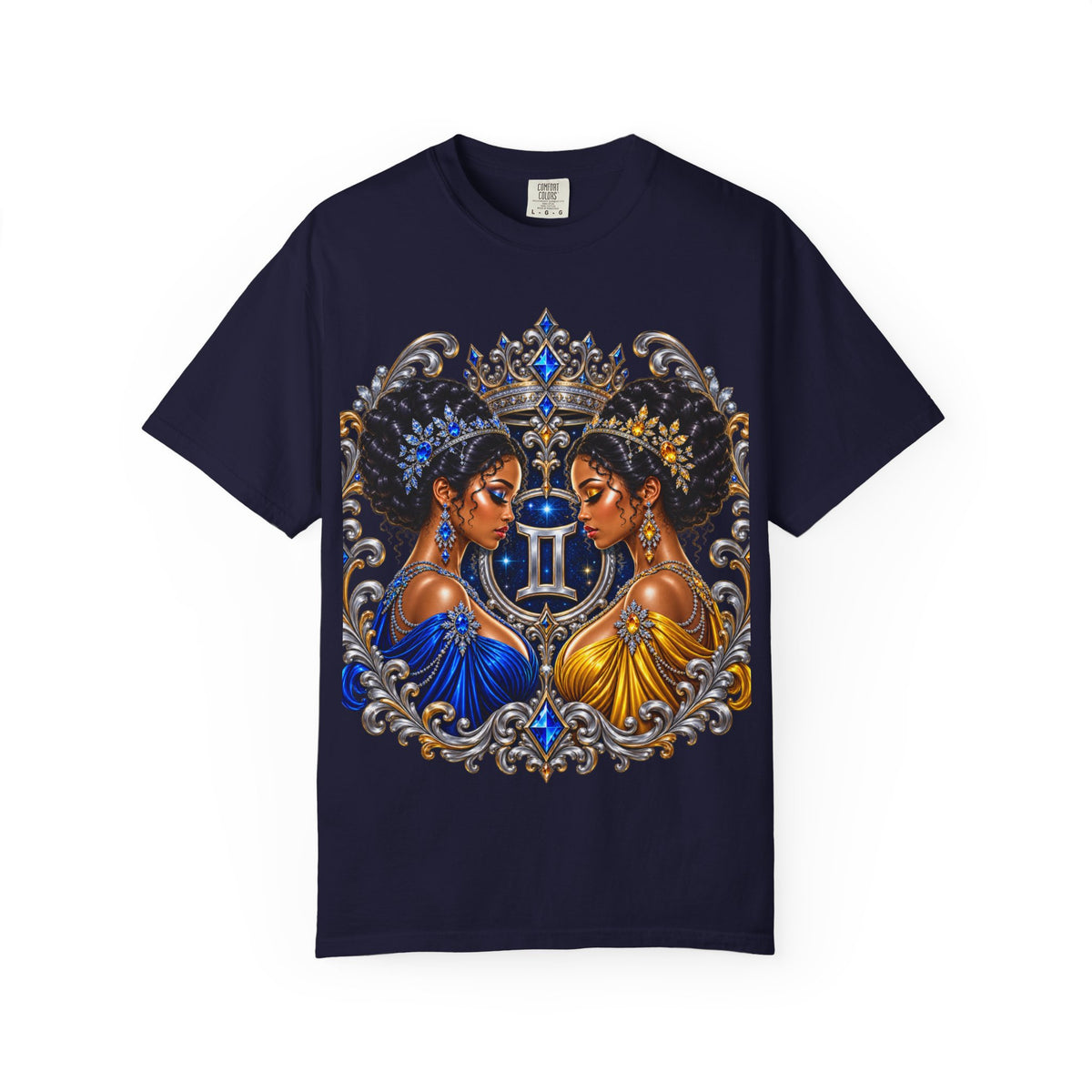 Gemini Zodiac Twin Queens T-Shirt — Elegant Blue & Gold Astrology Tee