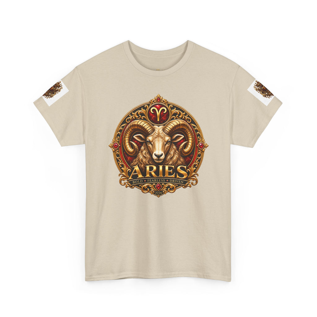 Aries Zodiac T‑Shirt — Mythic Ram Astrology Tee with 'ARIES' Emblem
