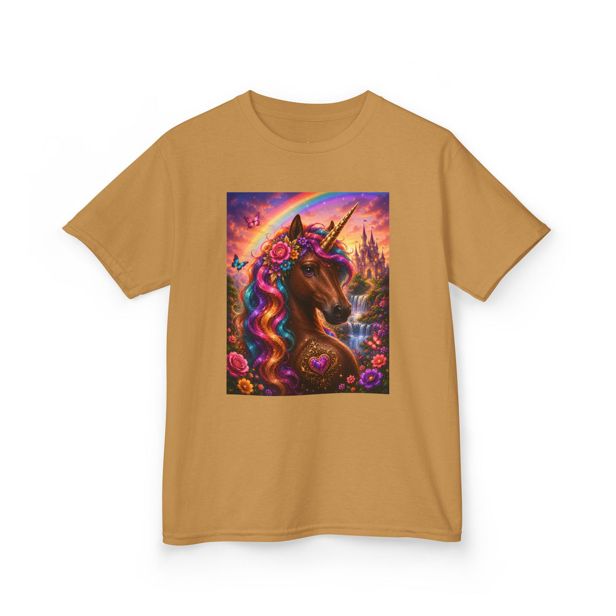 Kids Brown Unicorn Tee — Rainbow Fantasy Magical Horse Shirt