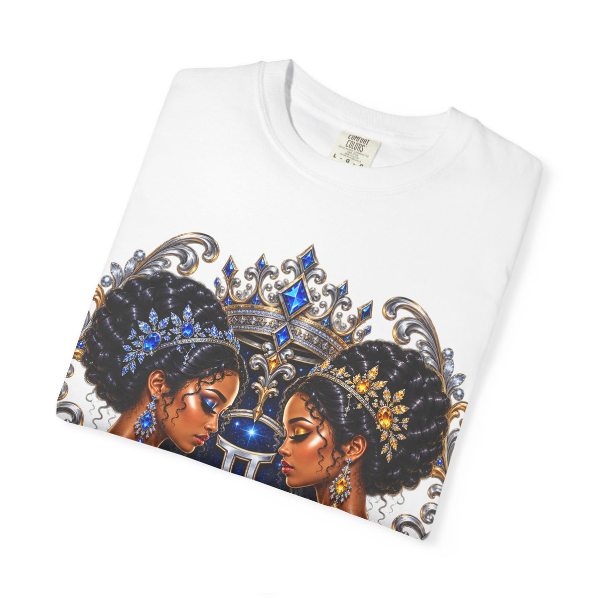 Gemini Zodiac Twin Queens T-Shirt — Elegant Blue & Gold Astrology Tee