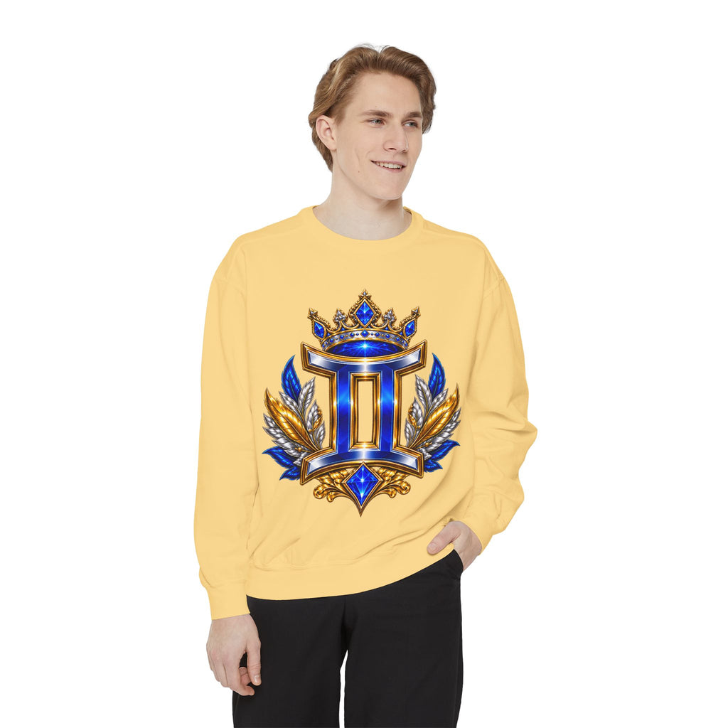 Gemini Zodiac Sweatshirt — Royal Blue & Gold Twin Symbol Crewneck