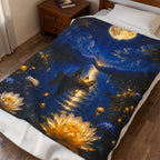 Moonlit Lake Velveteen Plush Blanket — Romantic Nightscape Cozy Throw