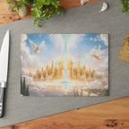 Heavenly Golden City Glass Cutting Board — Angelic Clouds & Doves Kitchen Art