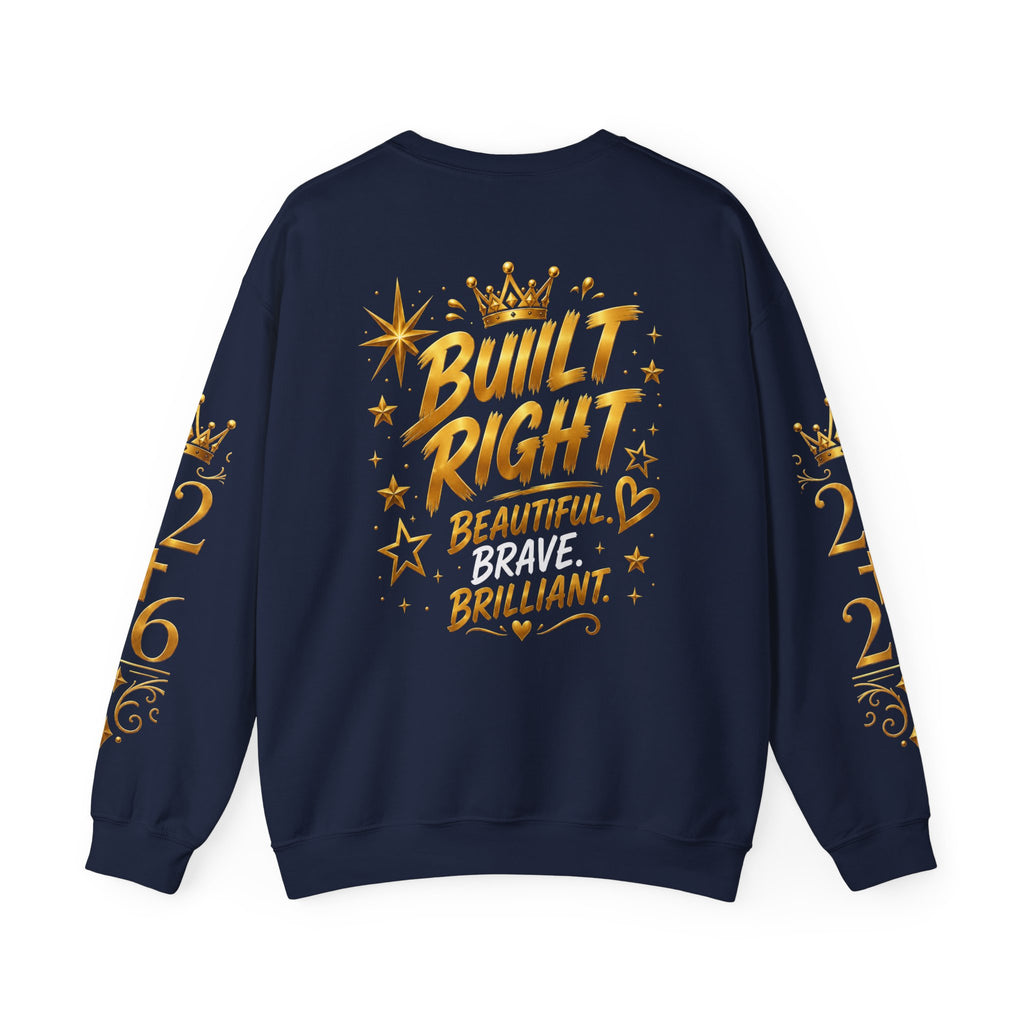 Built Right Crewneck Sweatshirt — "Built Right: Beautiful, Brave, Brilliant" Gold Graphic