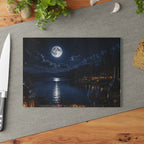 Moonlit Lakeside Glass Cutting Board — Scenic Nighttime Kitchen Board