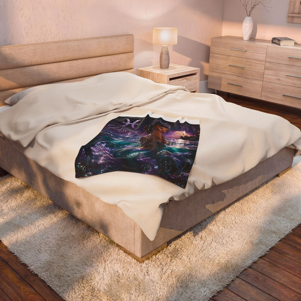 Pisces Mermaid Velveteen Plush Blanket – Zodiac Moonlit Ocean Throw