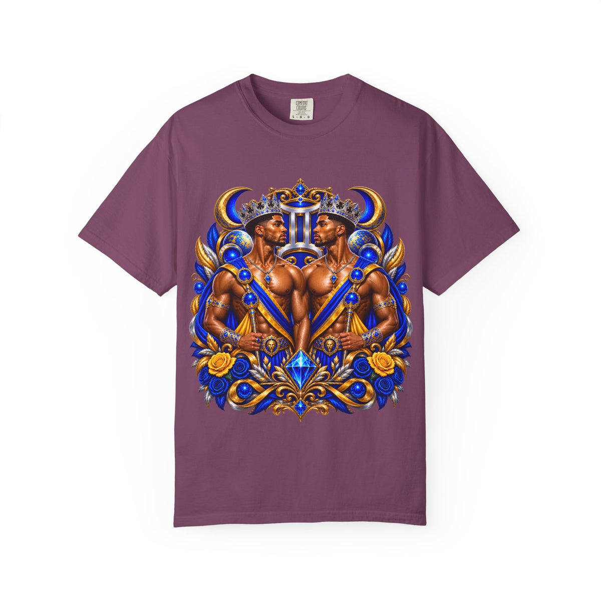 Gemini Zodiac T-Shirt — Bold Blue & Gold Twin Portrait Tee