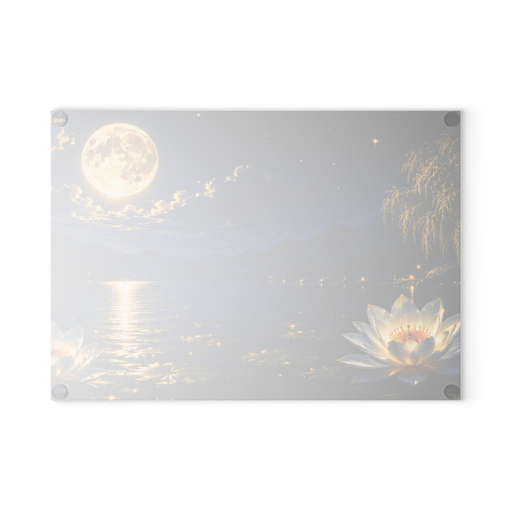 Moonlit Lotus Glass Cutting Board — Celestial Lake Kitchen Art & Serving Platter