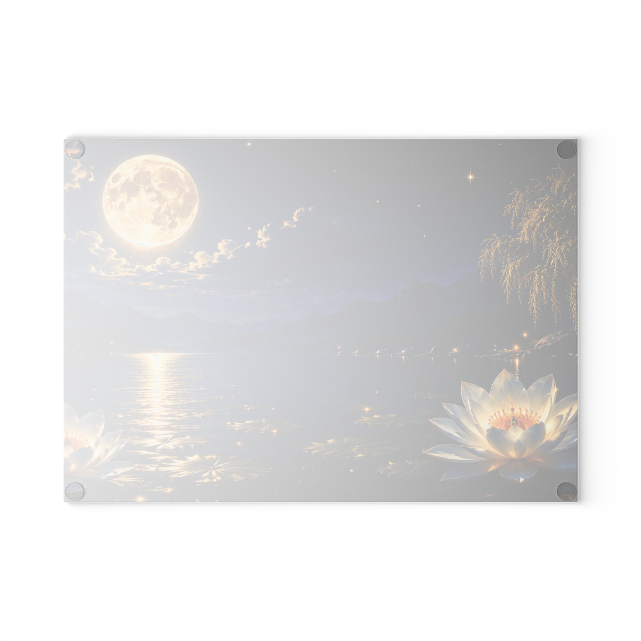 Moonlit Lotus Glass Cutting Board — Celestial Lake Kitchen Art & Serving Platter