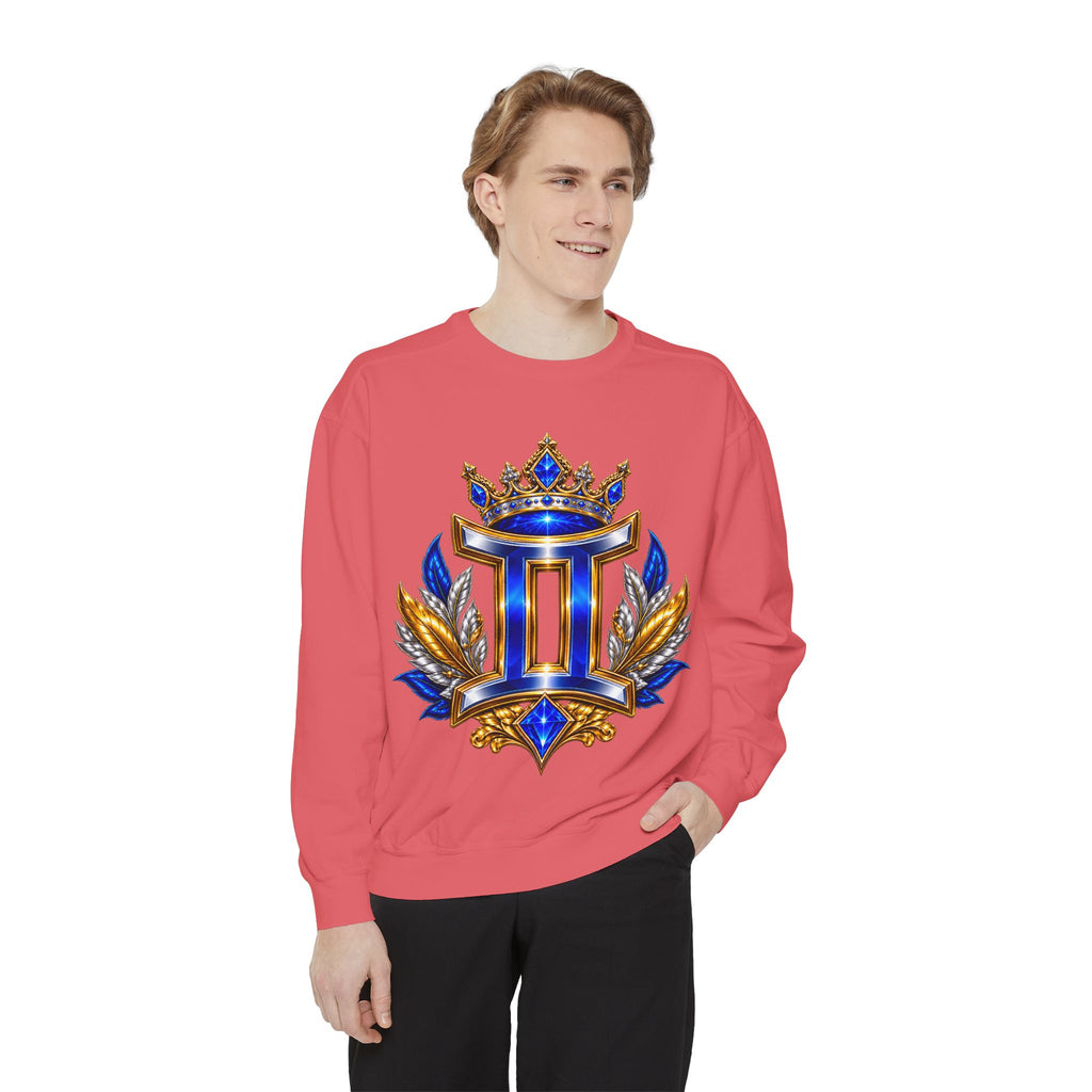 Gemini Zodiac Sweatshirt — Royal Blue & Gold Twin Symbol Crewneck