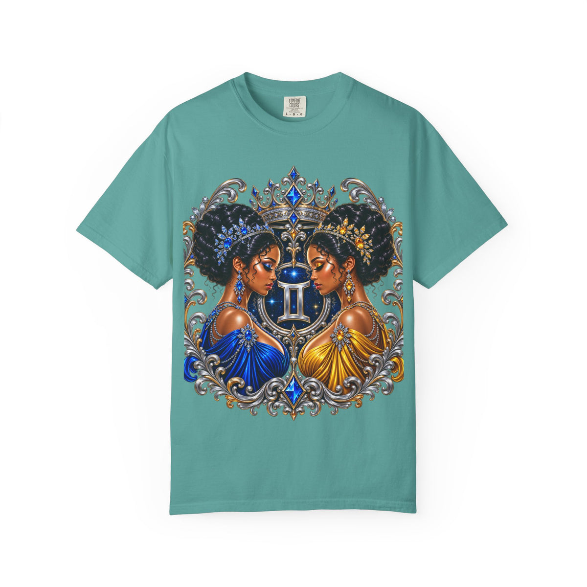 Gemini Zodiac Twin Queens T-Shirt — Elegant Blue & Gold Astrology Tee