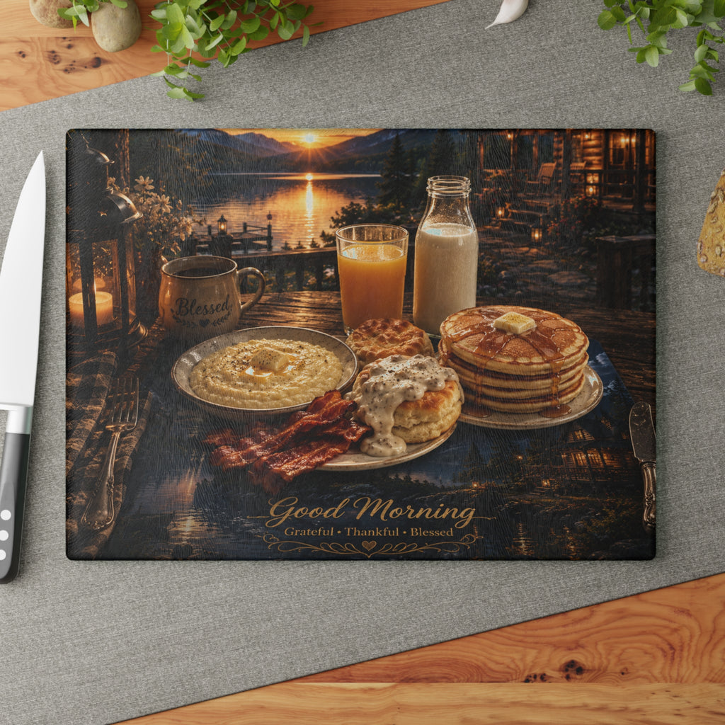 Glass Cutting Board — "Good Morning" Breakfast Scene Decorative Kitchen Board
