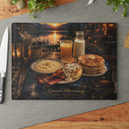 Glass Cutting Board — "Good Morning" Breakfast Scene Decorative Kitchen Board