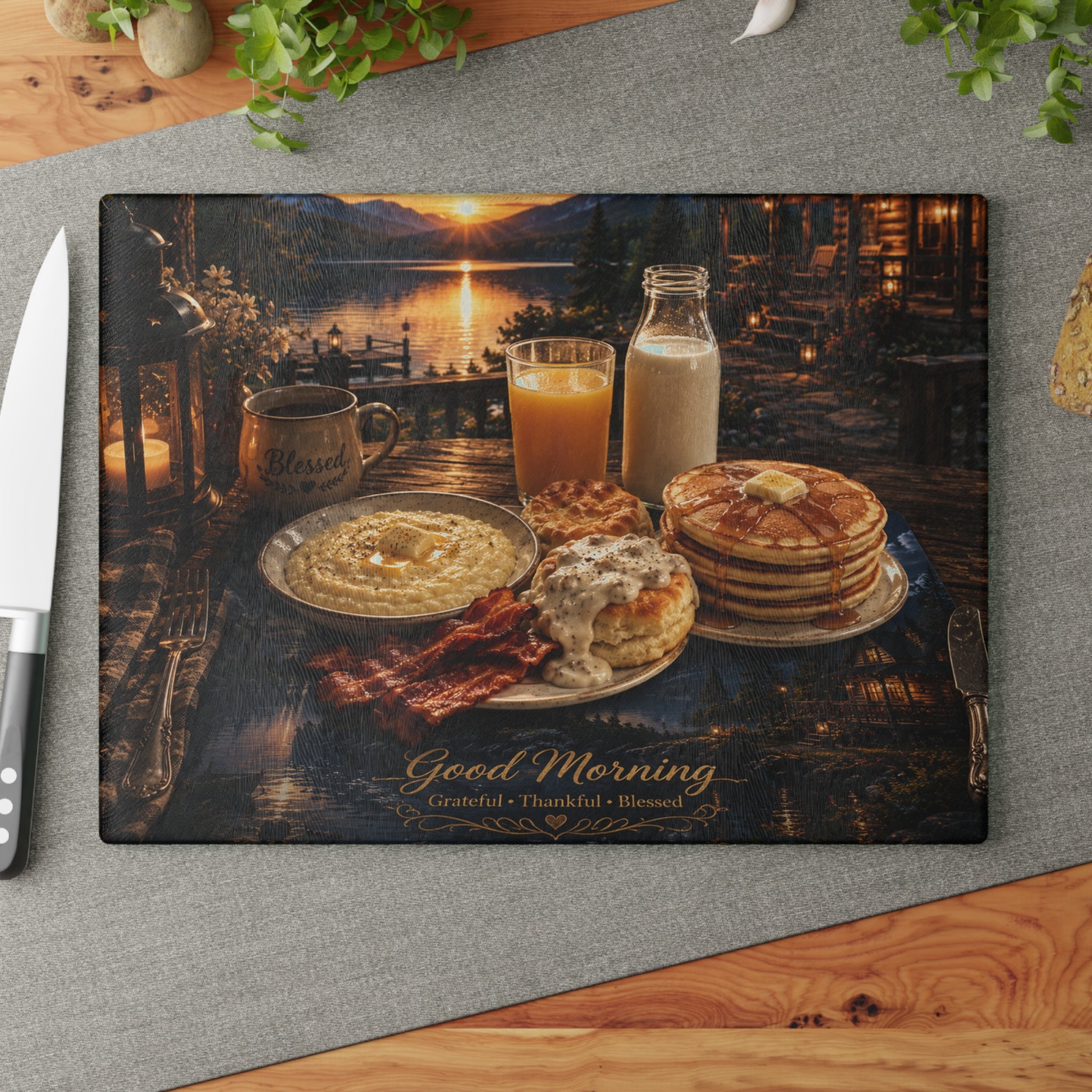 Glass Cutting Board — "Good Morning" Breakfast Scene Decorative Kitchen Board
