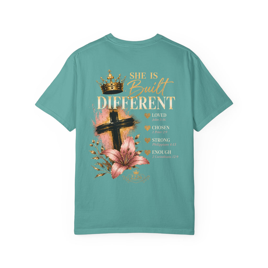 Built Right T-Shirt — Christian Faith Floral Cross Tee (She Is Built Different)