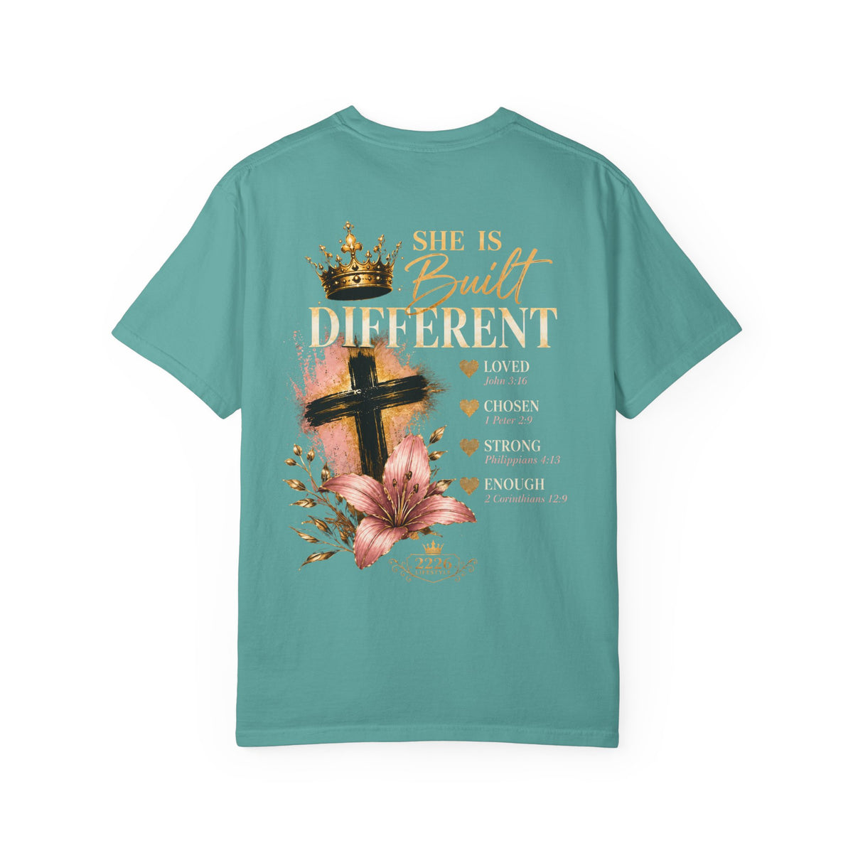 Built Right T-Shirt — Christian Faith Floral Cross Tee (She Is Built Different)