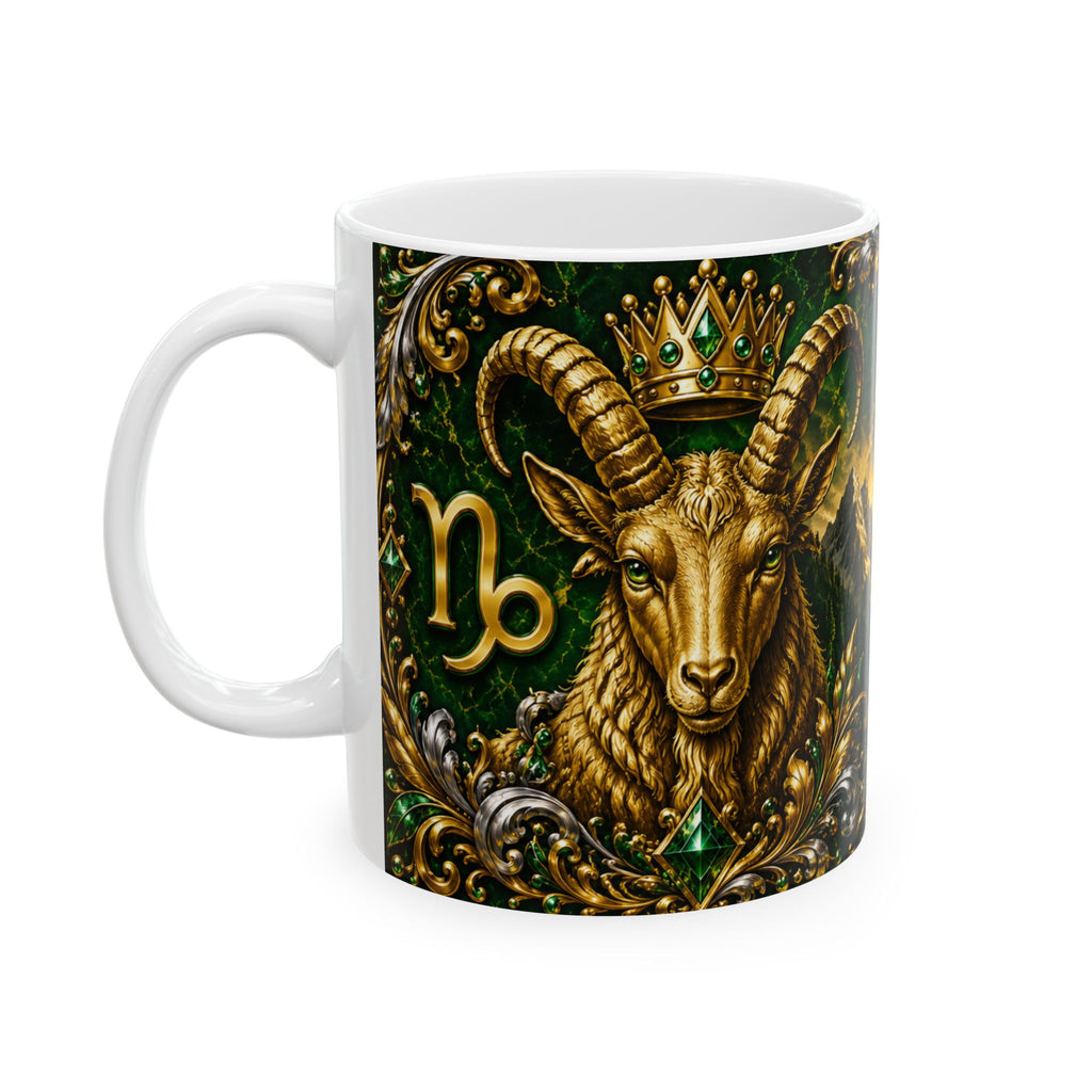 Capricorn Zodiac Ceramic Mug — Green & Gold Astrological Coffee Cup (11oz, 15oz)