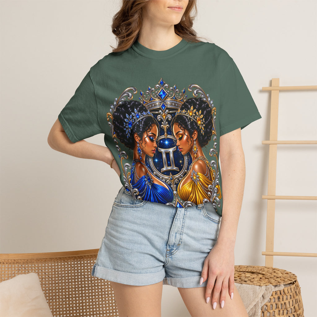 Gemini Zodiac Twin Queens T-Shirt — Elegant Blue & Gold Astrology Tee