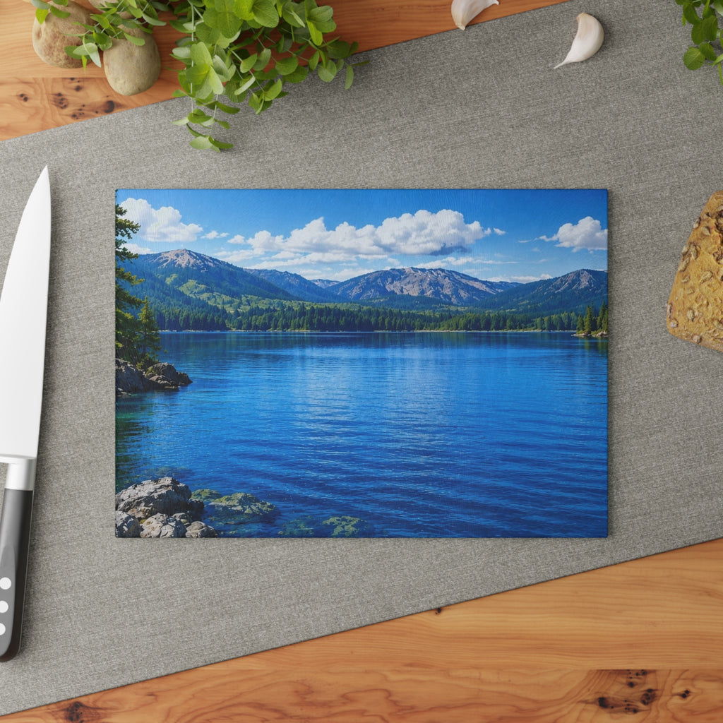 Scenic Mountain Lake Glass Cutting Board – Blue Nature Kitchen Décor
