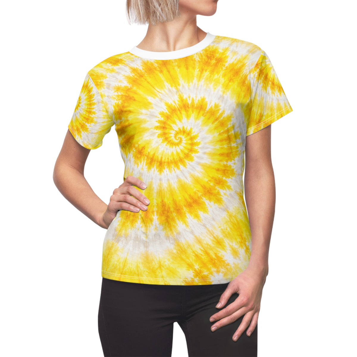 Yellow Tie-Dye Spiral Tee — Women's All-Over Print Casual Shirt