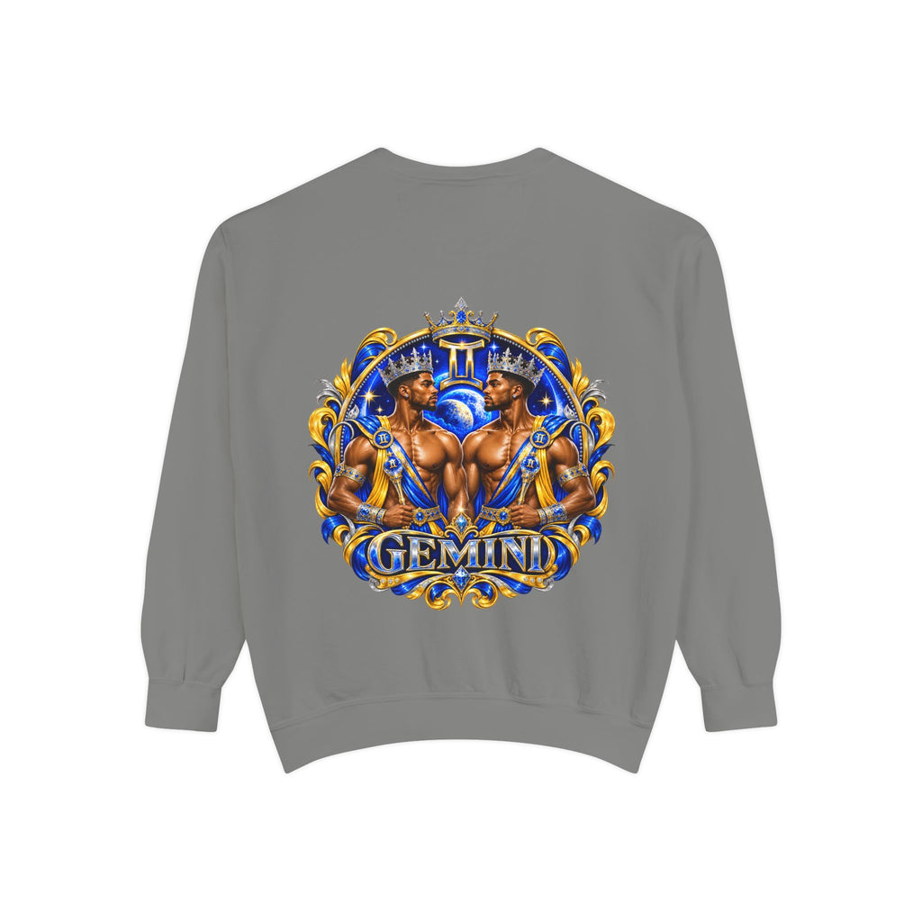 Gemini Zodiac Sweatshirt — Royal Blue & Gold Twin Symbol Crewneck